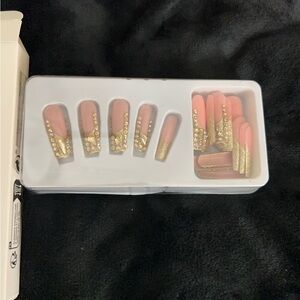 Gold and Pink Embellished False Pressed On Nail Set